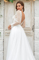 Load image into Gallery viewer, Deep V-Neck Ivory Tulle Sweep Train Wedding Dress with Lace