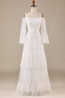 Load image into Gallery viewer, Tulle Tiered Off The Shoulder Ivory Wedding Dress with Lace