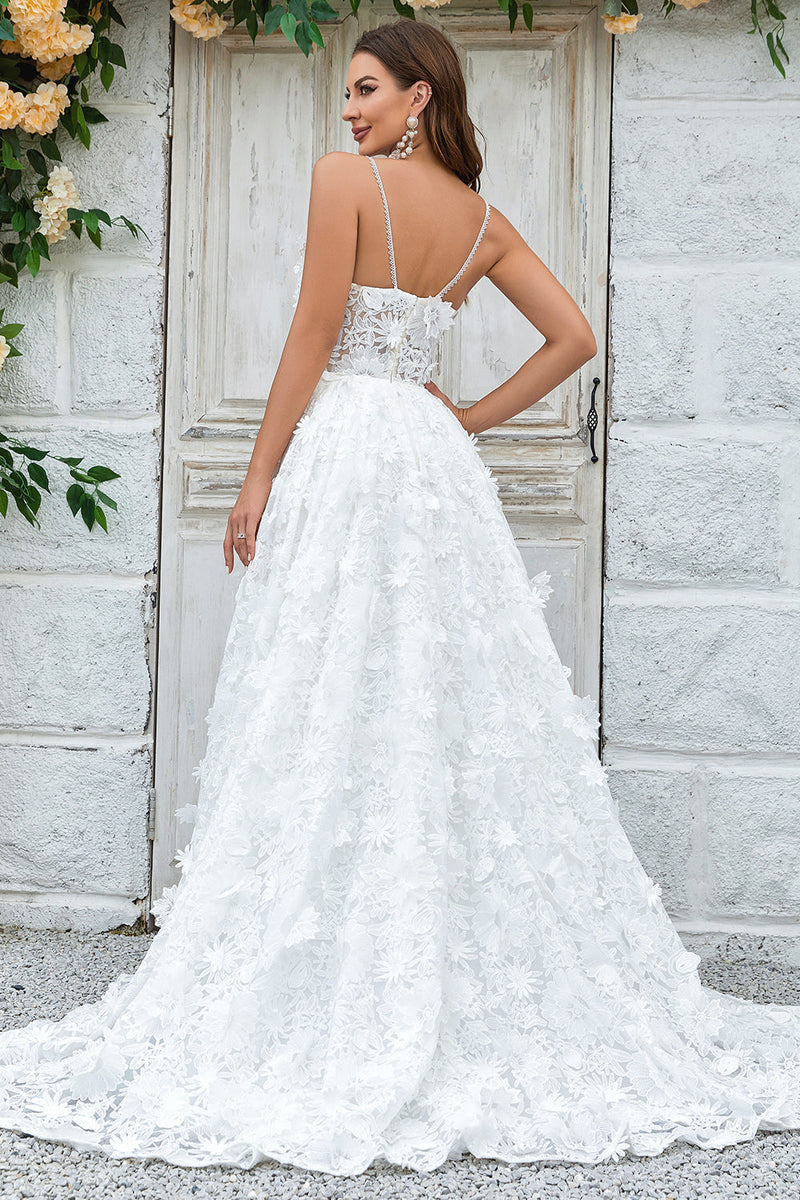 Load image into Gallery viewer, Ivory Floral Lace Sweep Train Wedding Dress