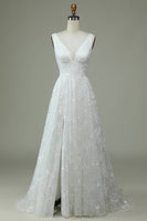 Load image into Gallery viewer, Ivory Lace V-Neck Wedding Dress with Slit