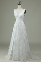 Load image into Gallery viewer, Ivory Lace V-Neck Wedding Dress with Slit