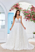 Load image into Gallery viewer, Charming A Line Spaghetti Straps Apricot Long Wedding Dress with Sweep Train