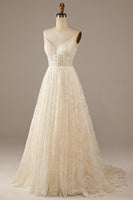 Load image into Gallery viewer, Sparkly Apricot Sweep Train Lace Wedding Dress
