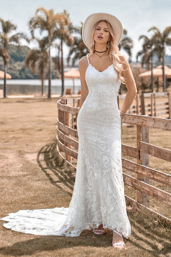 Mermaid Backless Lace Ivory Wedding Dress with Sweep Train