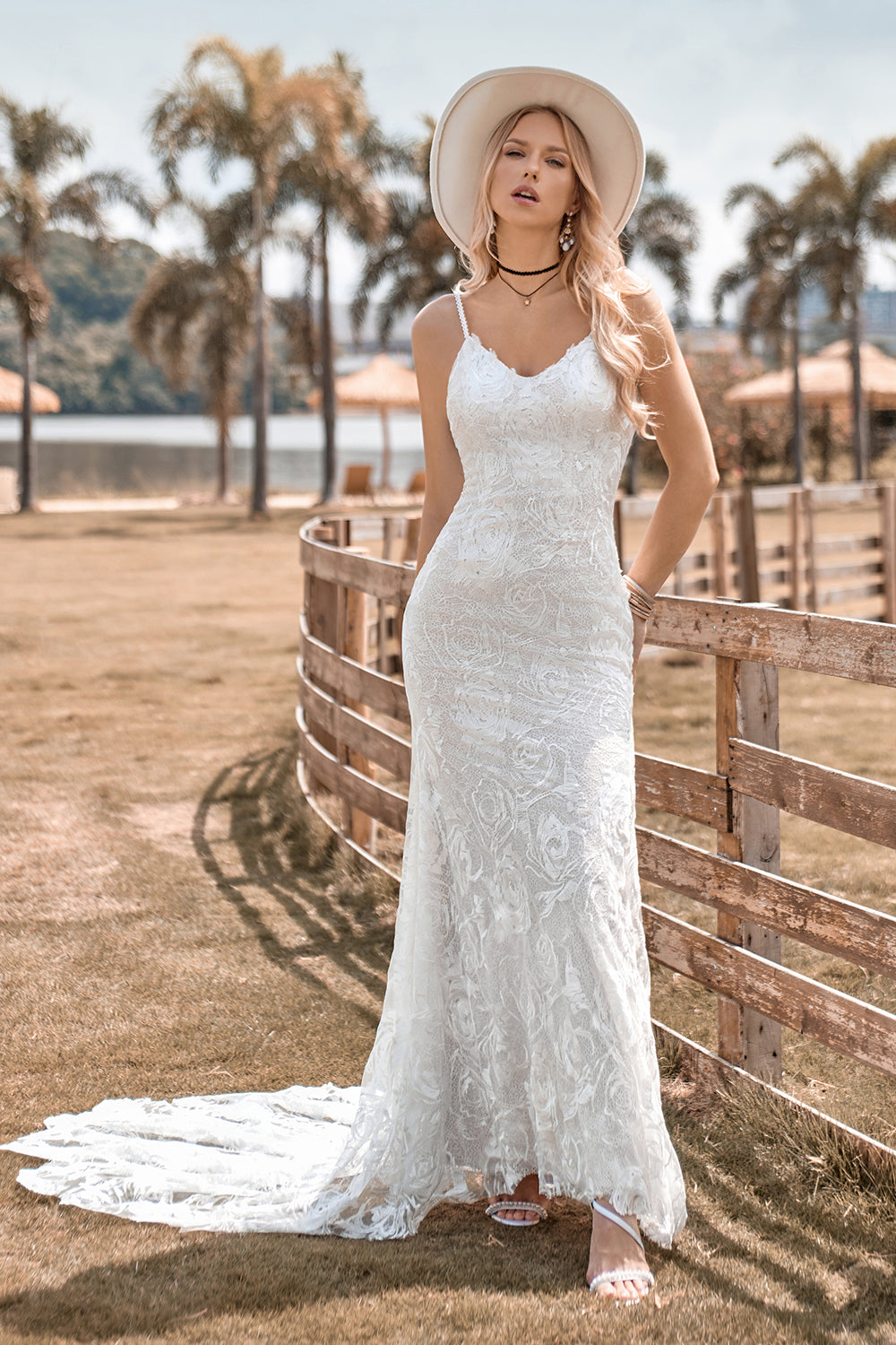 Mermaid Backless Lace Ivory Wedding Dress with Sweep Train