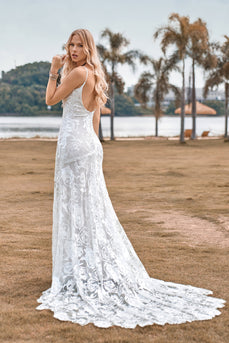 Mermaid Backless Lace Ivory Wedding Dress with Sweep Train