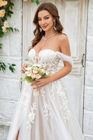 Load image into Gallery viewer, Beauty A Line Off the Shoulder Champagne Tulle Detachable Wedding Dress with Lace