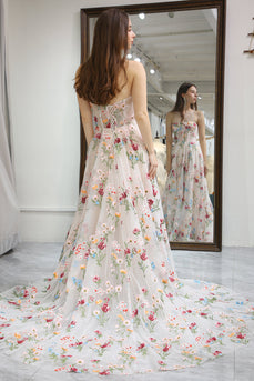 Ivory Flower Tulle Long Corset Formal Dress
