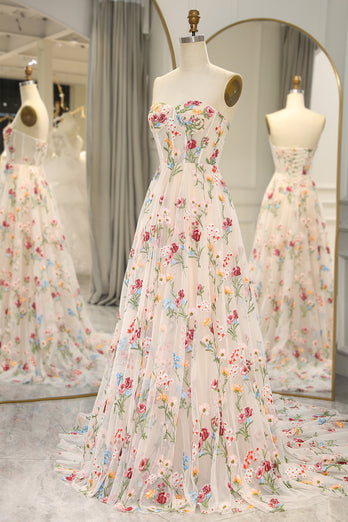 Ivory Flower Tulle Sweetheart Long Corset Formal Dress