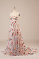 Load image into Gallery viewer, Tulle Strapless Sweep Train Ivory Long Wedding Dress with Embroidery