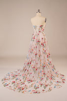 Load image into Gallery viewer, Tulle Strapless Sweep Train Ivory Long Wedding Dress with Embroidery