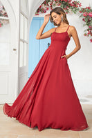 Load image into Gallery viewer, Simple A Line Spaghetti Straps Burgundy Long Bridesmaid Dress