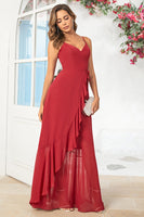 Load image into Gallery viewer, Simple A Line Spaghetti Straps Burgundy Long Bridesmaid Dress with Ruffles
