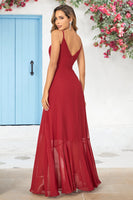 Load image into Gallery viewer, Simple A Line Spaghetti Straps Burgundy Long Bridesmaid Dress with Ruffles