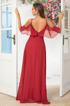 A Line Off the Shoulder Burgundy Long Bridesmaid Dress with Ruffles