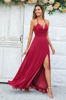 Load image into Gallery viewer, A Line Halter Burgundy Long Bridesmaid Dress with Split Front