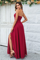 Load image into Gallery viewer, A Line Halter Burgundy Long Bridesmaid Dress with Split Front