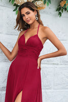 Load image into Gallery viewer, A Line Halter Burgundy Long Bridesmaid Dress with Split Front