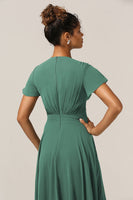 Load image into Gallery viewer, Chraming A Line V-Neck Short Sleeves Eucalyptus Bridesmaid Dress With Bow