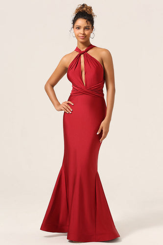 Satin Burgundy Halter Bridesmaid Dress