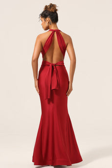 Satin Burgundy Halter Bridesmaid Dress