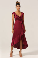 Load image into Gallery viewer, A Line V-Neck Burgundy Bridesmaid Dress with Ruffles
