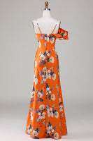 Load image into Gallery viewer, Mermaid Printed Orange Flower Bridesmaid Dress