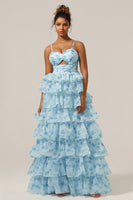 Load image into Gallery viewer, Gorgeous A Line Spaghetti Straps Cut Out Tiered Blue Bridesmaid Dress