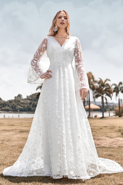 A-Line Ivory Lace Flare Sleeves Wedding Dress