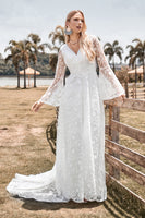 Load image into Gallery viewer, A-Line Ivory Lace Flare Sleeves Wedding Dress