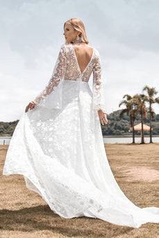 A-Line Ivory Lace Flare Sleeves Wedding Dress