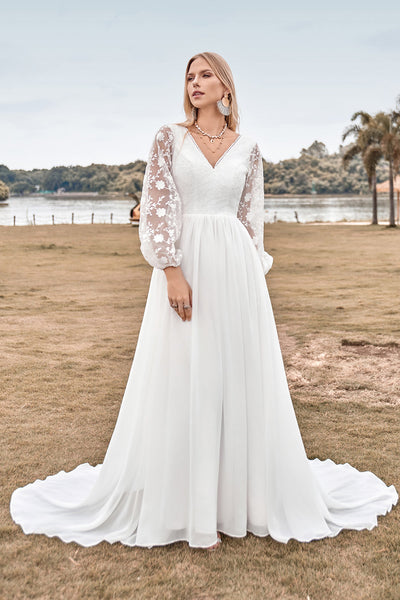 Chiffon Ivory Sweep Train Boho Wedding Dress with Lace