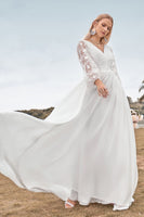Load image into Gallery viewer, Chiffon Ivory Sweep Train Boho Wedding Dress with Lace