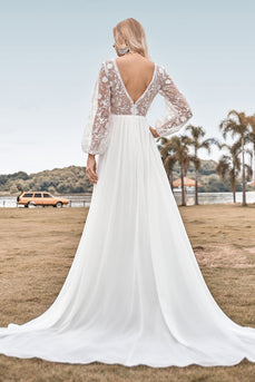 Chiffon Ivory Sweep Train Boho Wedding Dress with Lace