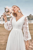 Load image into Gallery viewer, Chiffon Ivory Sweep Train Boho Wedding Dress with Lace