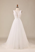 Load image into Gallery viewer, Tulle A-Line Deep V-Neck Ivory Wedding Dress with Bowknot