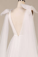 Load image into Gallery viewer, Tulle A-Line Deep V-Neck Ivory Wedding Dress with Bowknot
