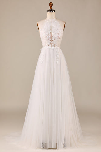 Tulle Open Back Sweep Train Ivory Wedding Dress with Lace