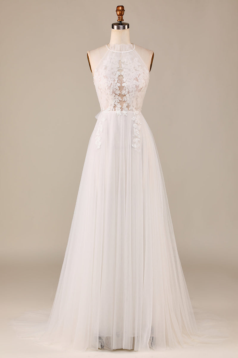 Load image into Gallery viewer, Tulle Open Back Sweep Train Ivory Wedding Dress with Lace