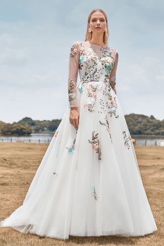 Copy of Tulle Long Sleeves Ivory Wedding Dress with Embroidery