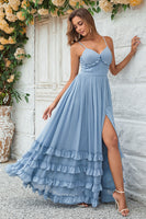 Load image into Gallery viewer, Charming A Line Spaghetti Straps Dusty Blue Long Bridesmaid Dress with Criss Cross Back
