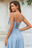 Load image into Gallery viewer, Charming A Line Spaghetti Straps Dusty Blue Long Bridesmaid Dress with Criss Cross Back
