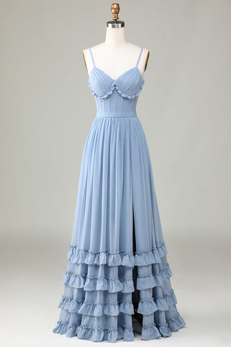 Dusty Blue Printed Corset Spaghetti Straps Long Bridesmaid Dress With Criss Cross Back