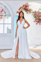 Load image into Gallery viewer, A-Line Halter Ivory Sweep Train Wedding Dress with Split Front