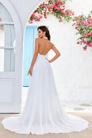 Load image into Gallery viewer, A-Line Halter Ivory Sweep Train Wedding Dress with Split Front