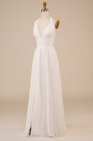 Load image into Gallery viewer, A-Line Halter Ivory Sweep Train Wedding Dress with Slit