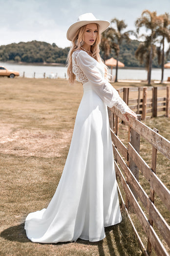 Open Back Long Sleeves Ivory Wedding Dress with Open Back