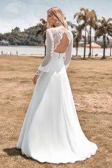 Open Back Long Sleeves Ivory Wedding Dress with Open Back