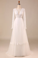 Load image into Gallery viewer, Tulle A-Line Long Sleeves Ivory Wedding Dress with Lace