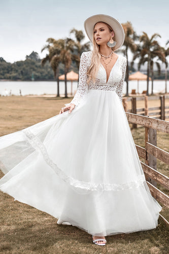 A-Line Tulle Long Sleeves Ivory Wedding Dress with Lace
